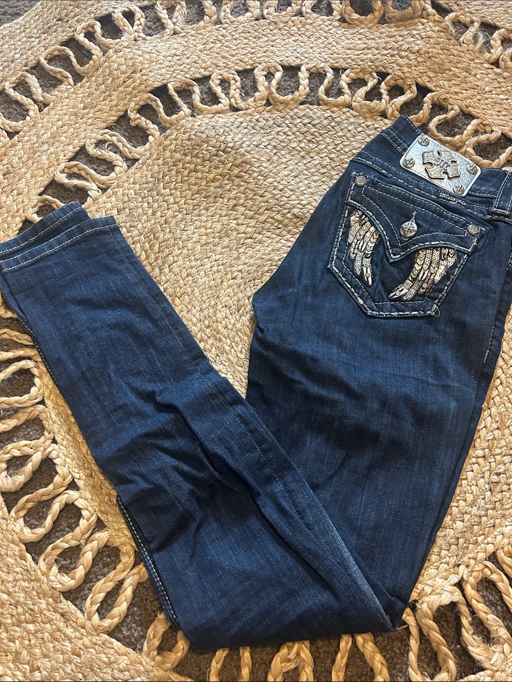 Miss Me Dark Blue Skinny Jeans with Embellished Wing Pockets